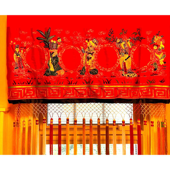 Asian Embroidered Window Valence Figures Birds Trees & Tassels
